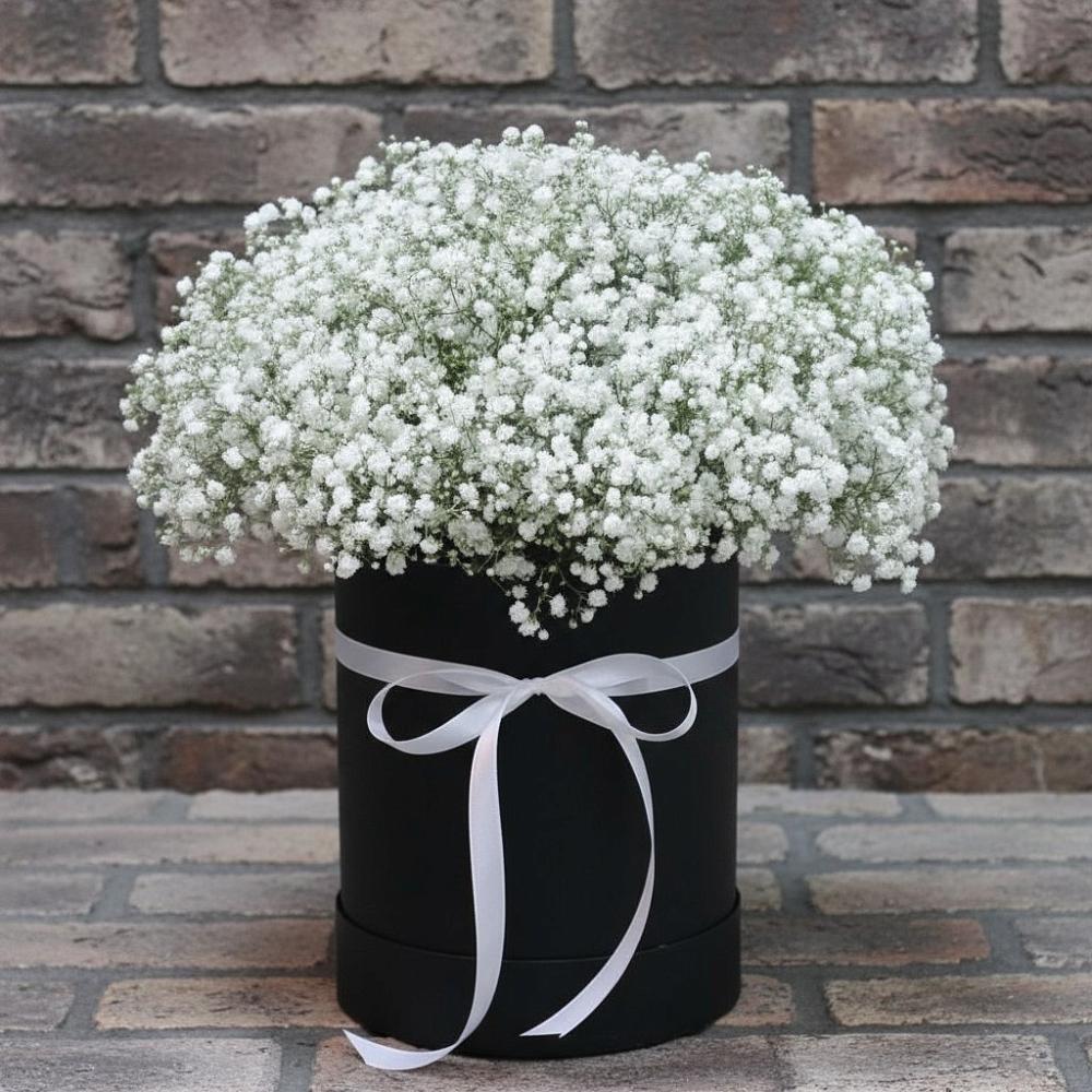 Цветочная композиция из Гипсофила в шляпной коробке в Искитиме