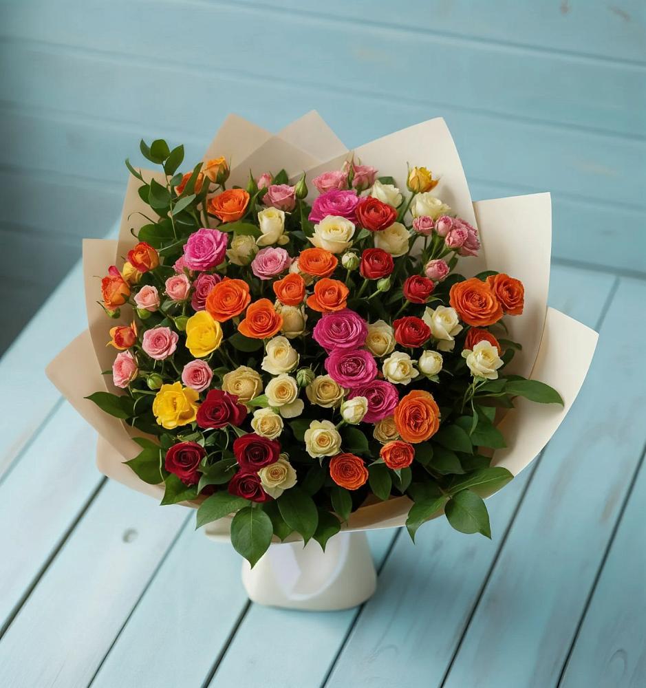 Букет Микс из разноцветных кустовых роз в Искитиме