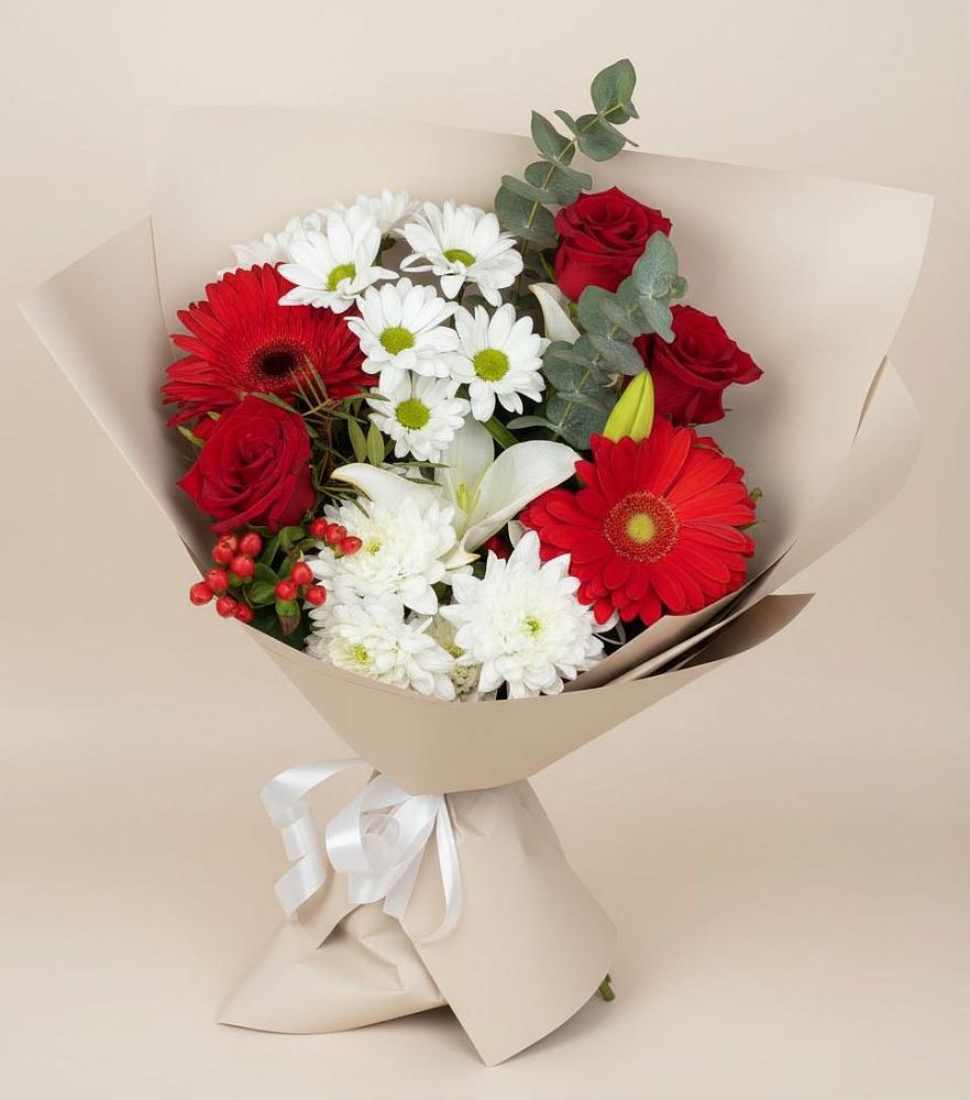 Букет цветов из: Розы, Хризантемы, Герберы и Лилии в Искитиме