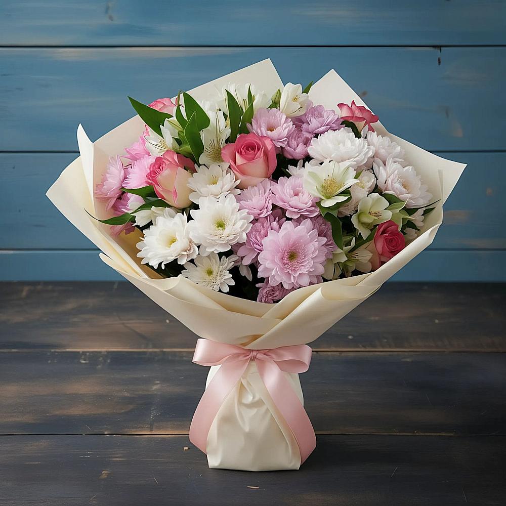 Букет цветов из: Хризантемы, Альстромерии и Розы в Искитиме